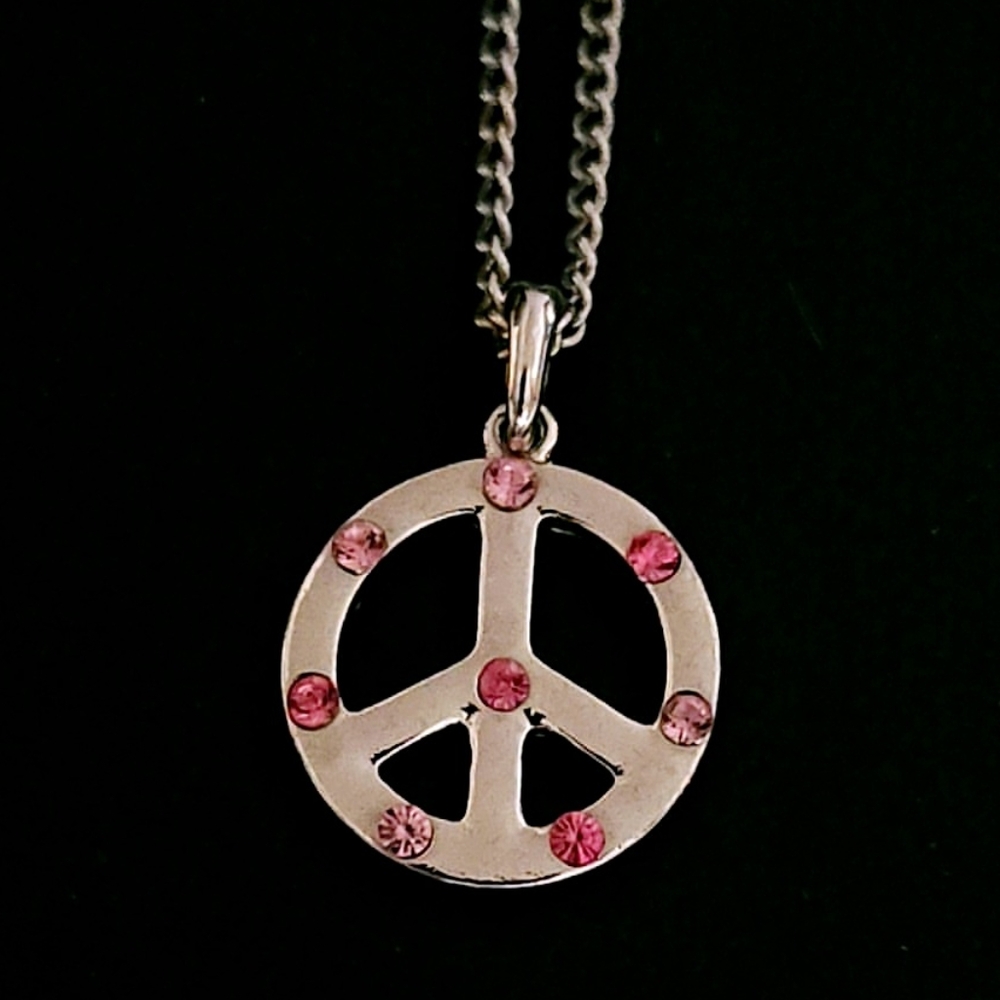 Costume Silver Pink Crystal Peace Sign Necklace